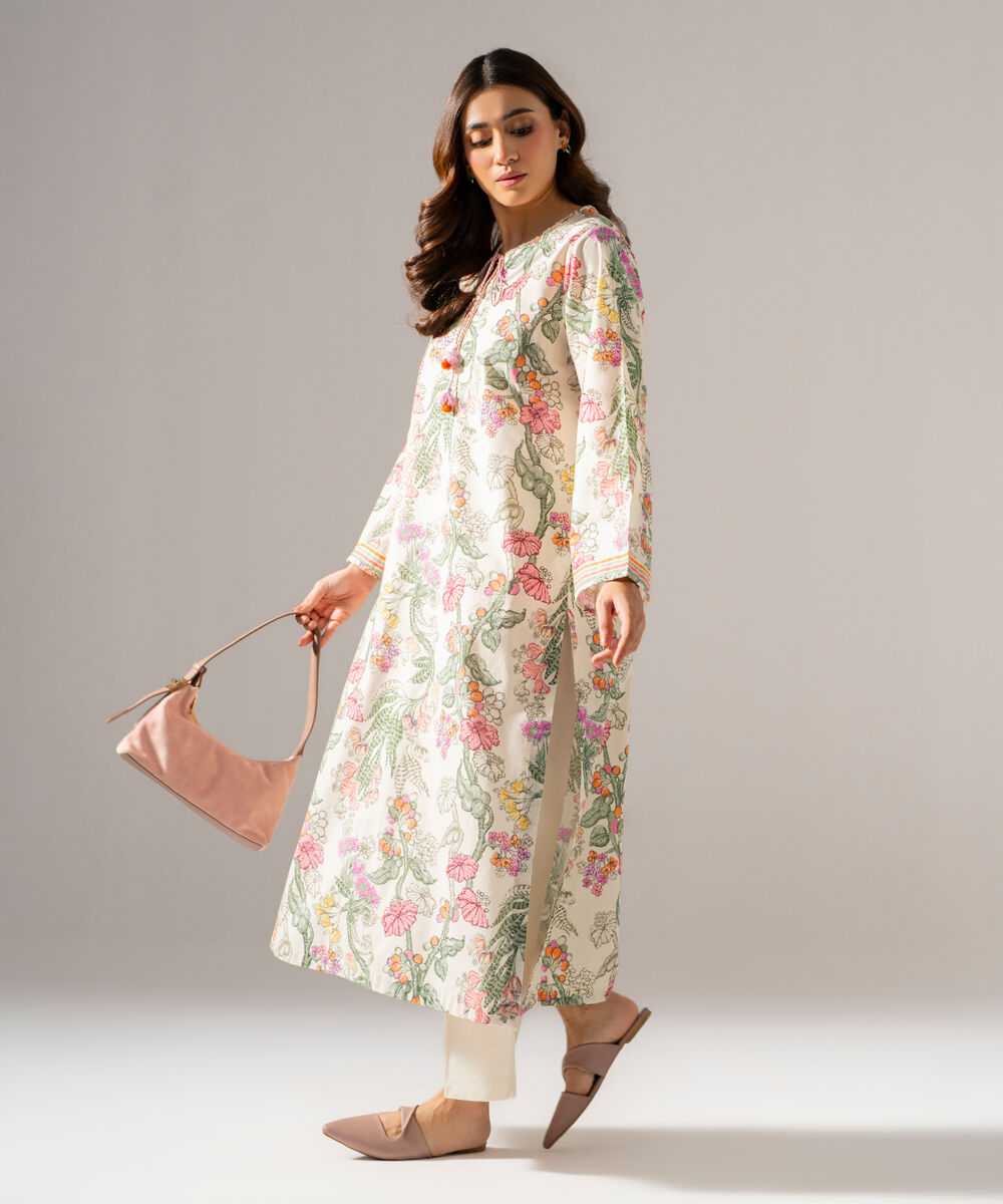 Women's RTW Cambric Printed Off White Straight Shirt