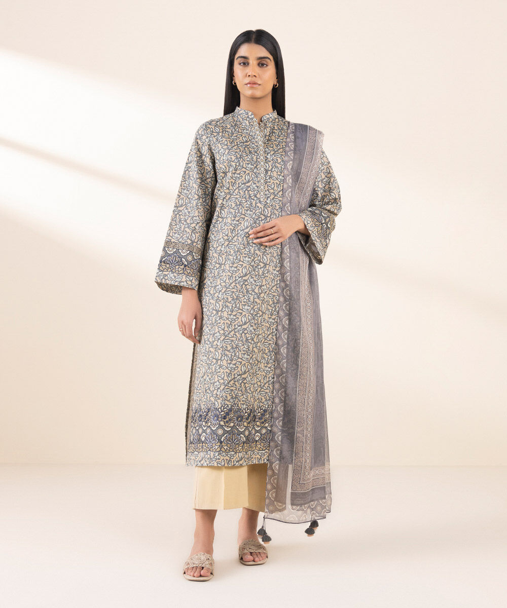 Women's Unstitched Grey Lawn 3 Piece Suit