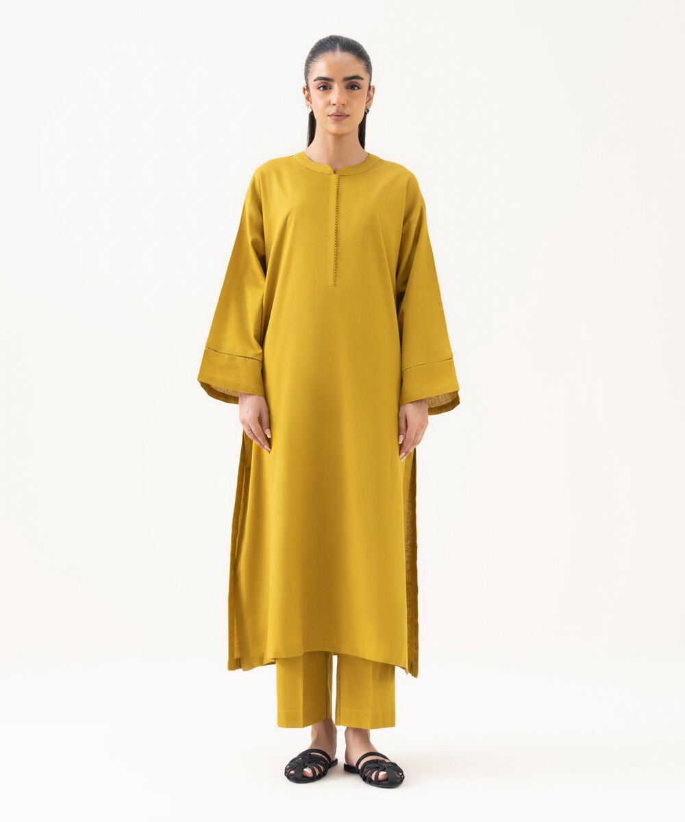 Women's RTW Cotton Linen Yellow Solid Drop Shoulder Shirt