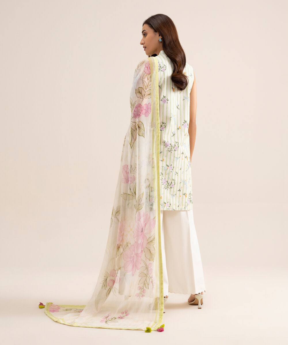 Women's Unstitched Lawn Embroidered Off White & Green 3 Piece Suit