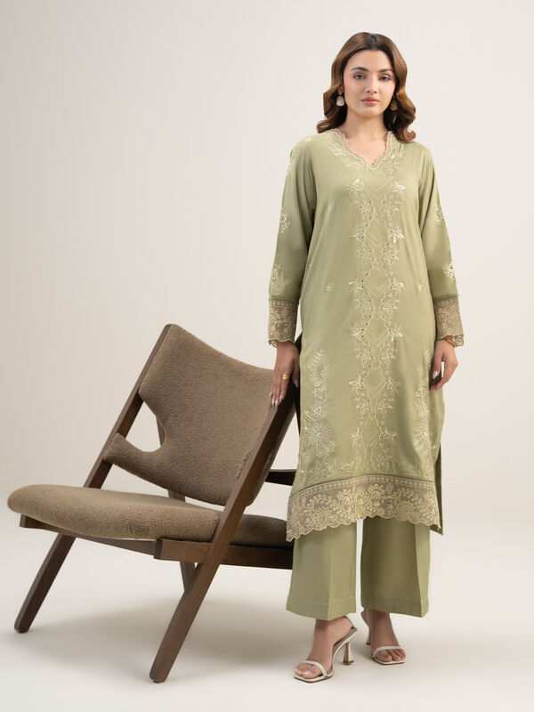 2 Piece - Embroidered Raw Silk Suit