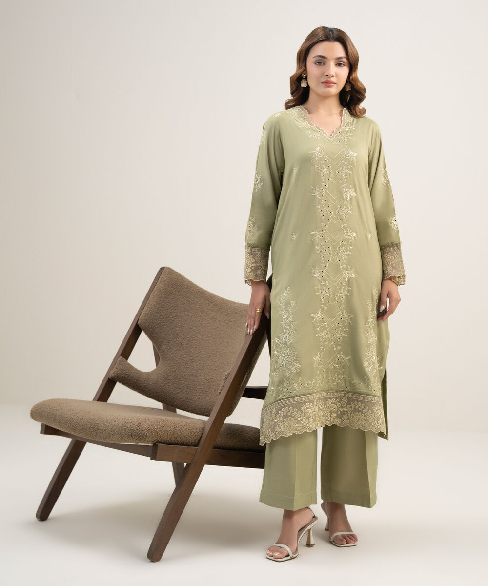 Women's RTW Viscose Raw Silk Embroidered Green 2 Piece Suit