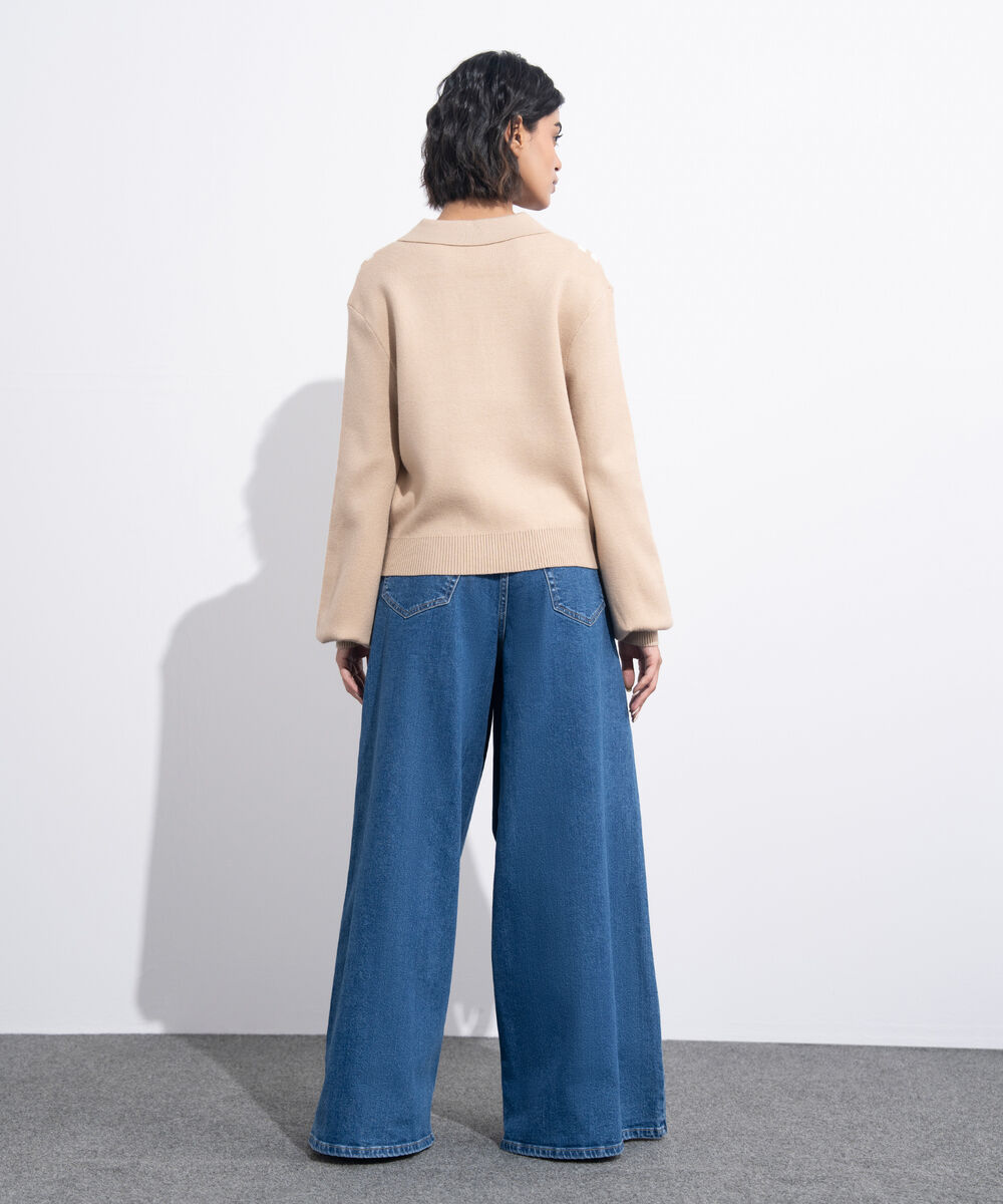 Women's Western Wear Beige Striped Polo Knit Sweater