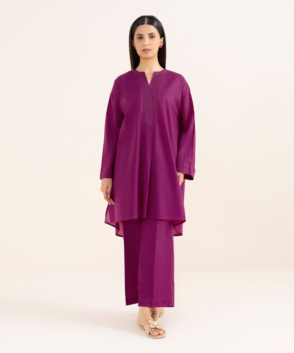 Women's RTW Textured Lawn Pink Solid Drop Shoulder Shirt