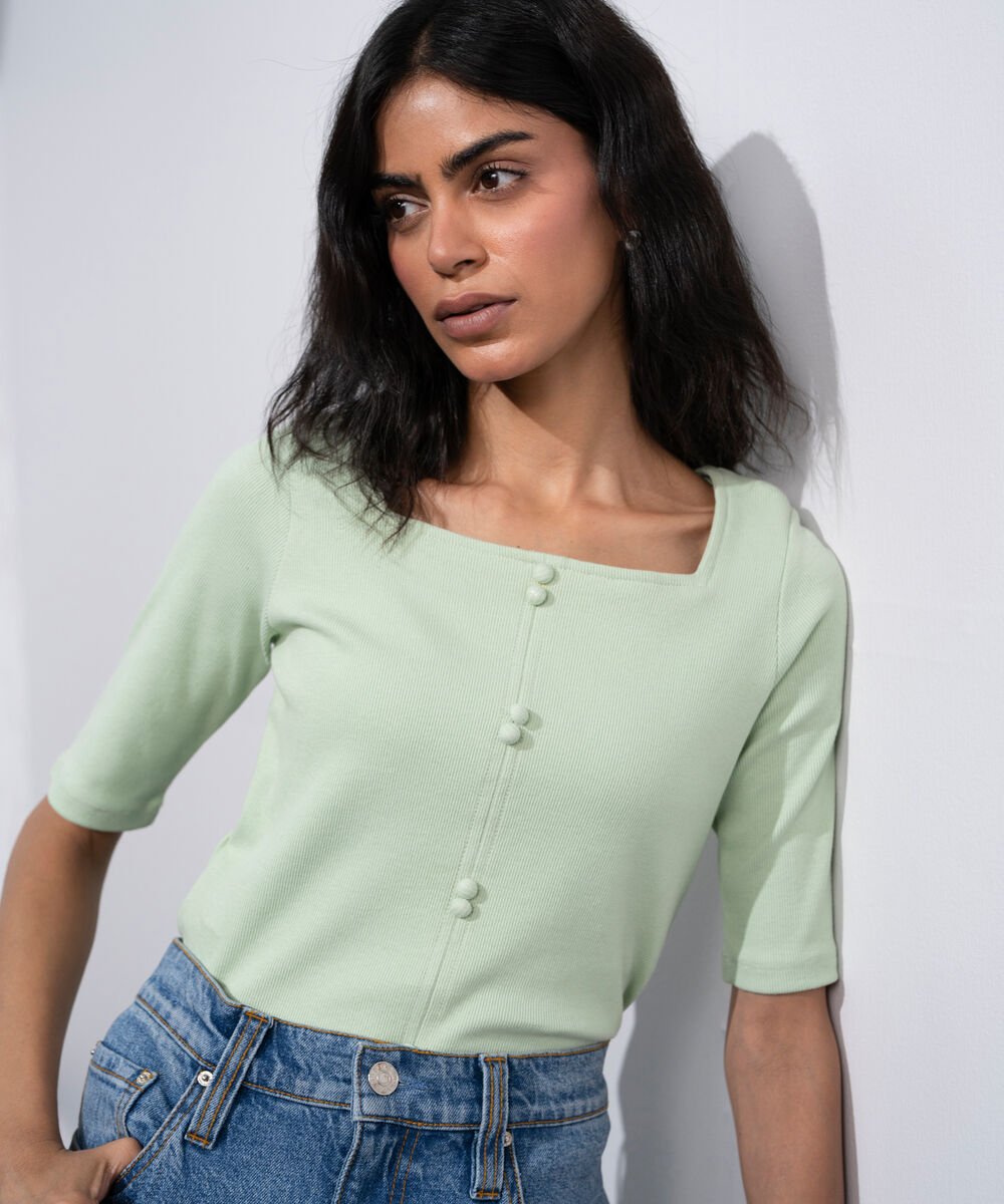 Women's Mint Green Square Neck Ribbed Top