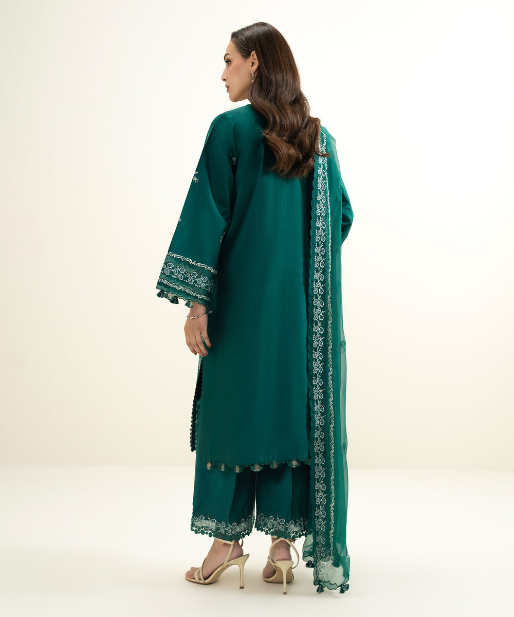 Women's Unstitched Cotton Net Embroidered Green 3 Piece Suit