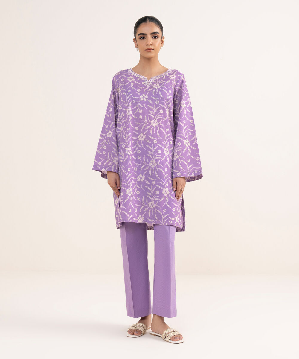 Women's RTW Textured Lawn Purple Embroidered A-Line Shirt