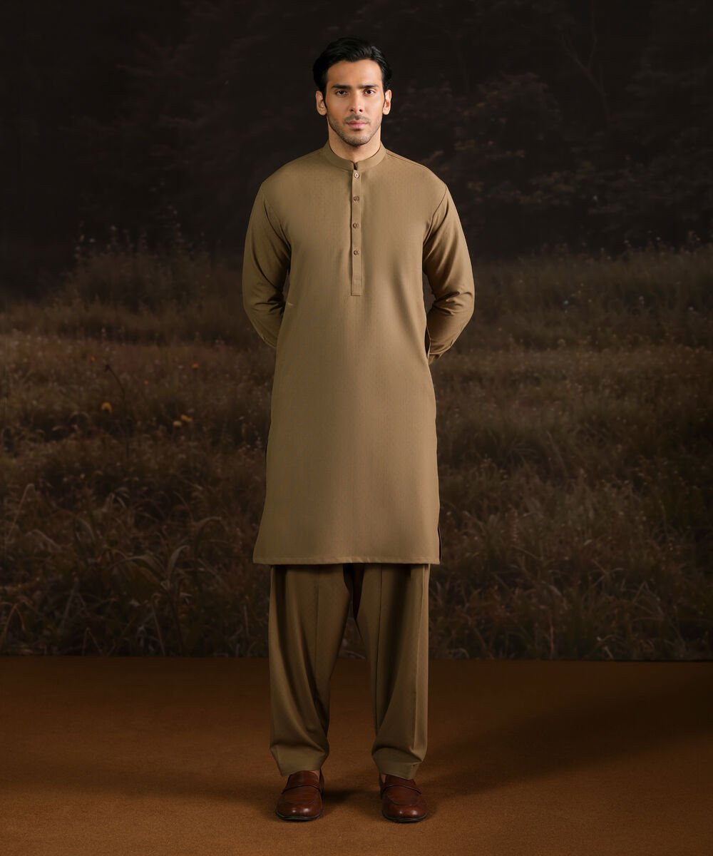 Wash & Wear Dobby Suit Men Unstitched Wash & Wear Khaki Full Suit Fabric