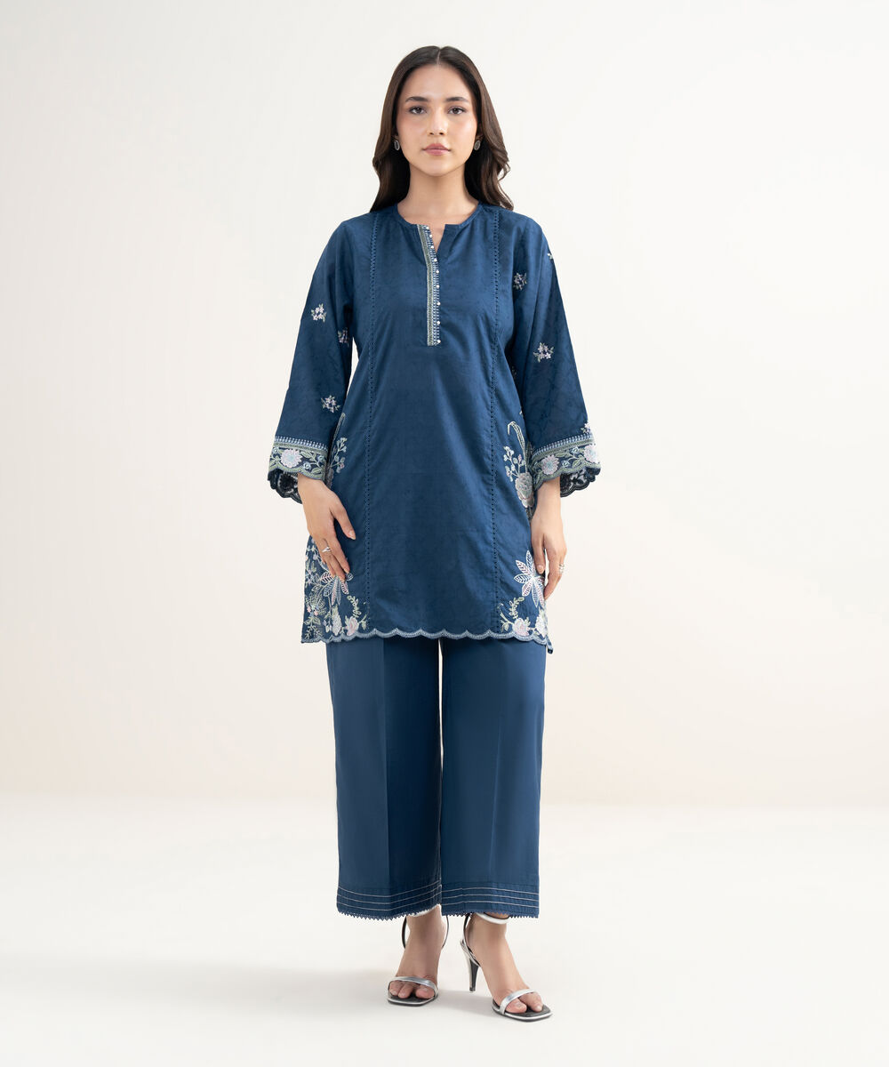 Women's RTW Self Jacquard Embroidered Blue Straight Shirt
