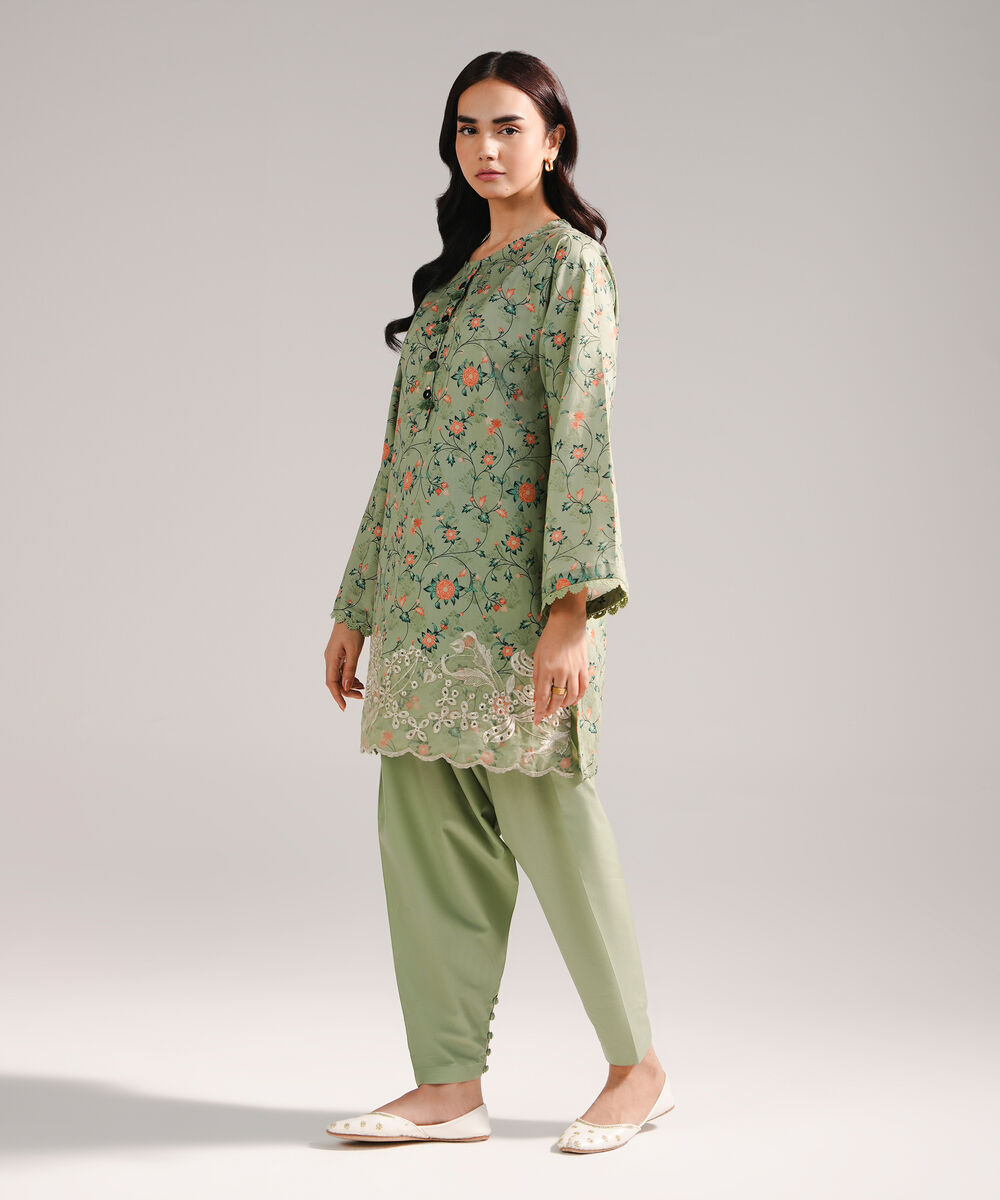 Women's RTW Dobby Embroidered Green 2 Piece Suit