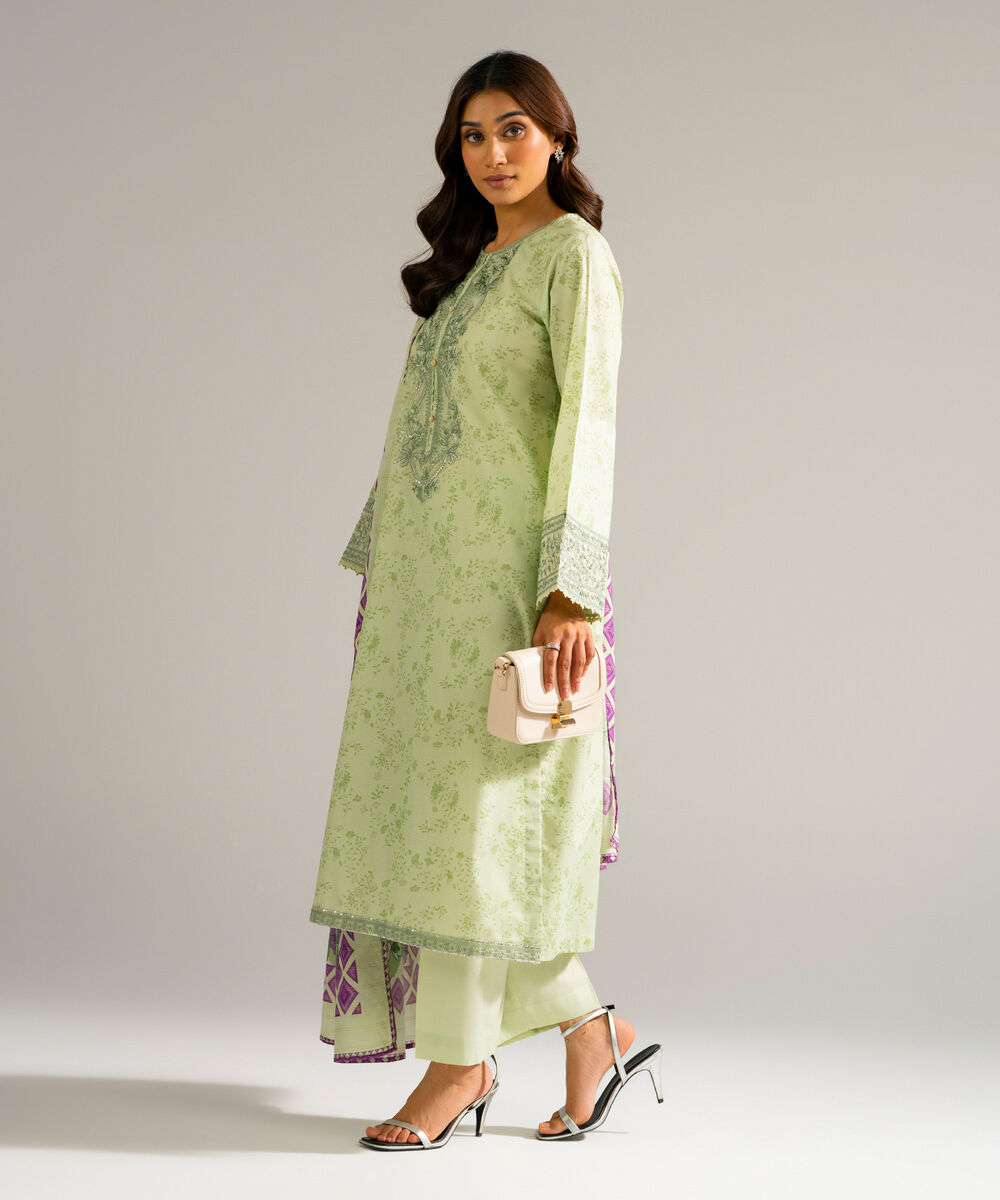 Women's RTW Zari Lawn Embroidered Green 3 Piece Suit