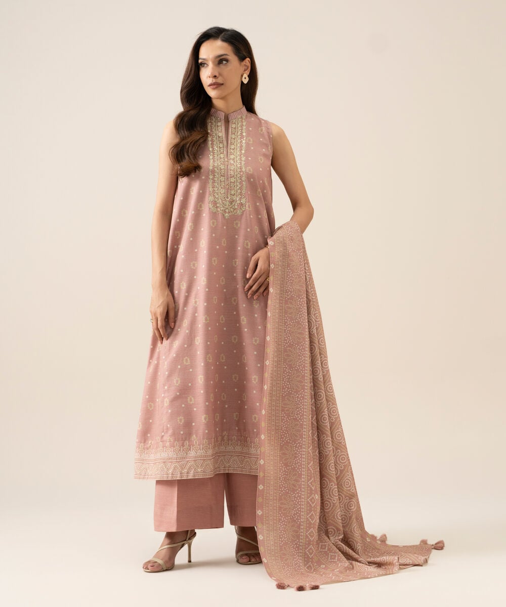 Women's Unstitched Light Khaddar Printed Light Tea Pink 3 Piece Suit