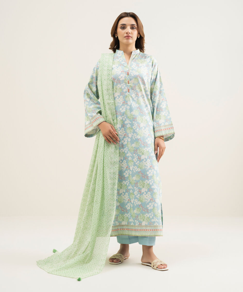 Women's Unstitched Lawn Blue Printed 3 Piece Suit