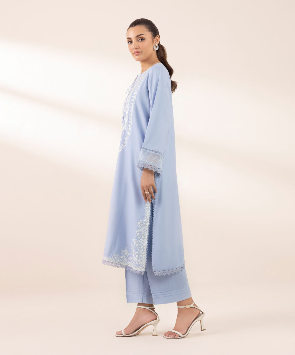 Women's RTW Raw Silk Blue Embroidered A-Line Shirt