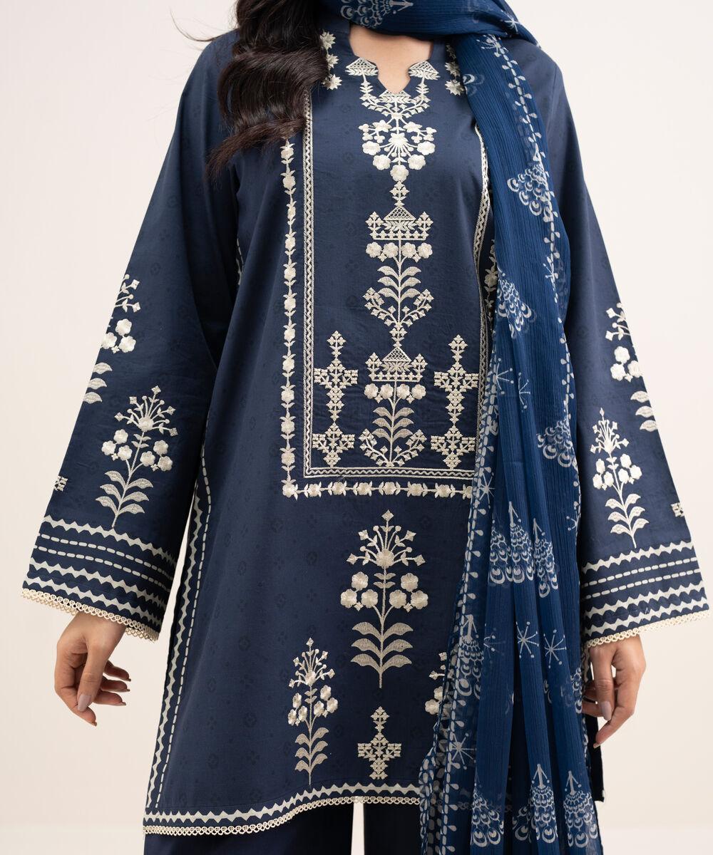 Women's Unstitched Lawn Embroidered Blue 3 Piece Suit