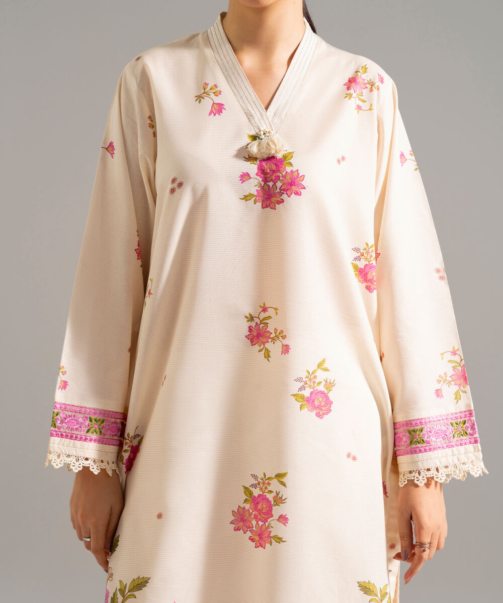 Women's RTW Zari Lawn Embroidered Off White A-Line Shirt