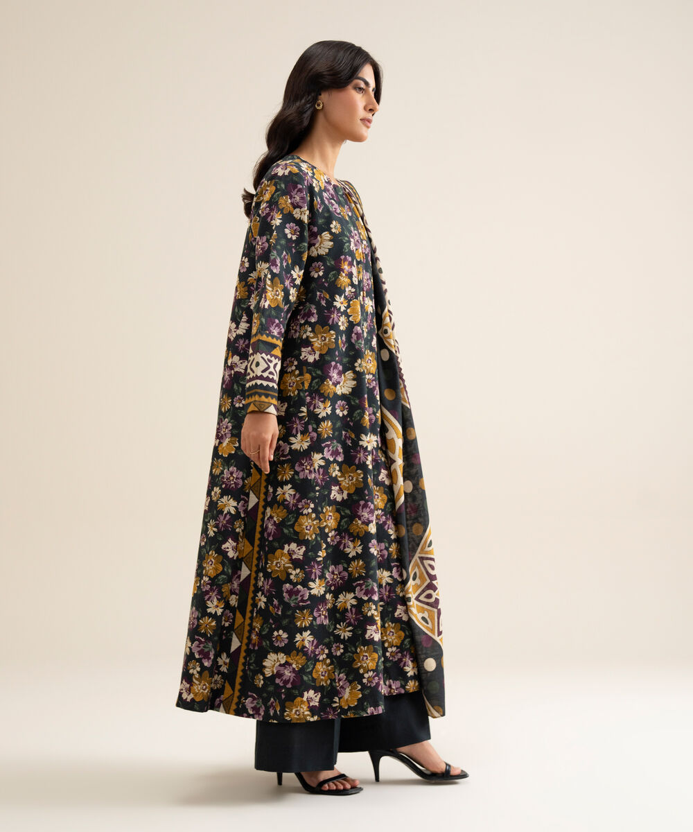 Women's Unstitched Premium Khaddar Printed Black 3 Piece Suit