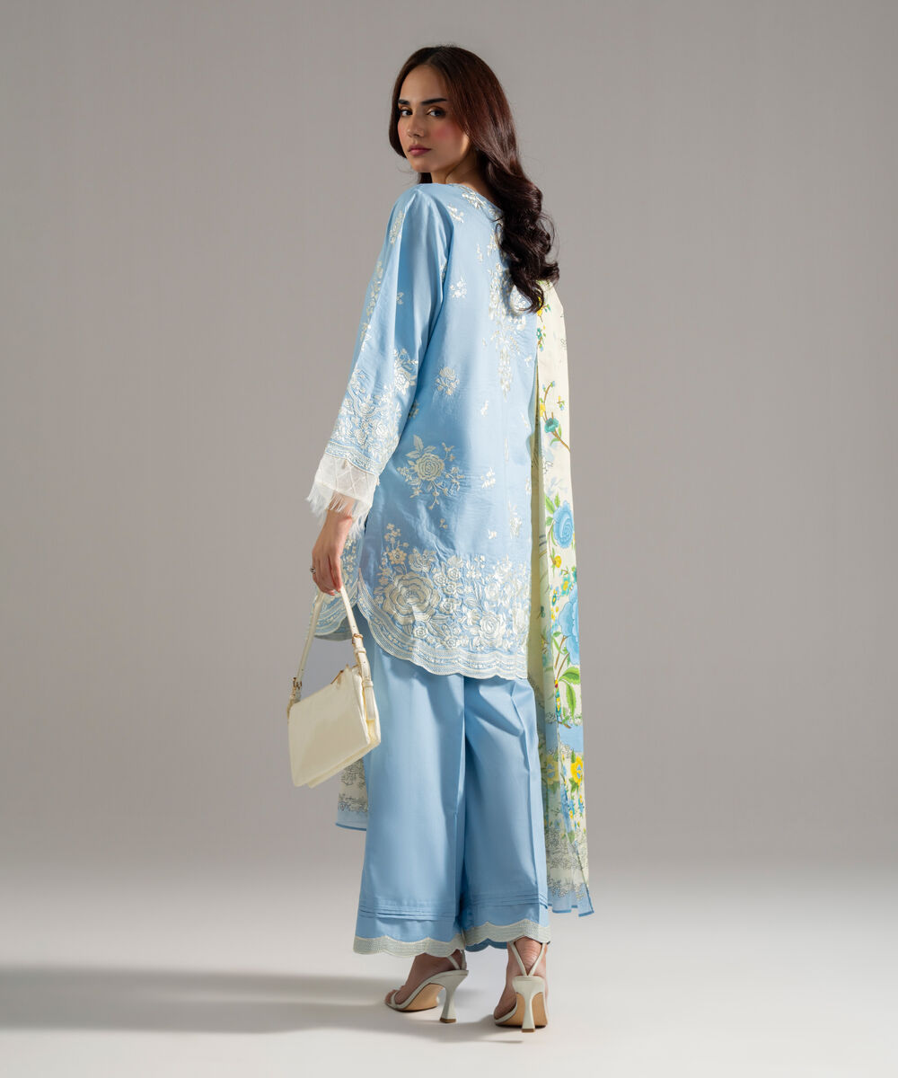 Women's RTW Cambric Solid Embroidered Blue 3 Piece Suit