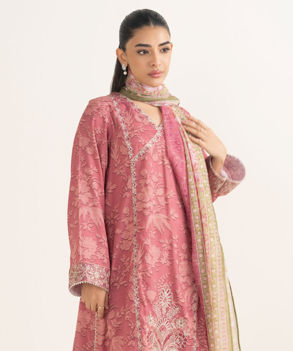 Women's RTW Dobby Embroidered Pink 3 Piece Suit