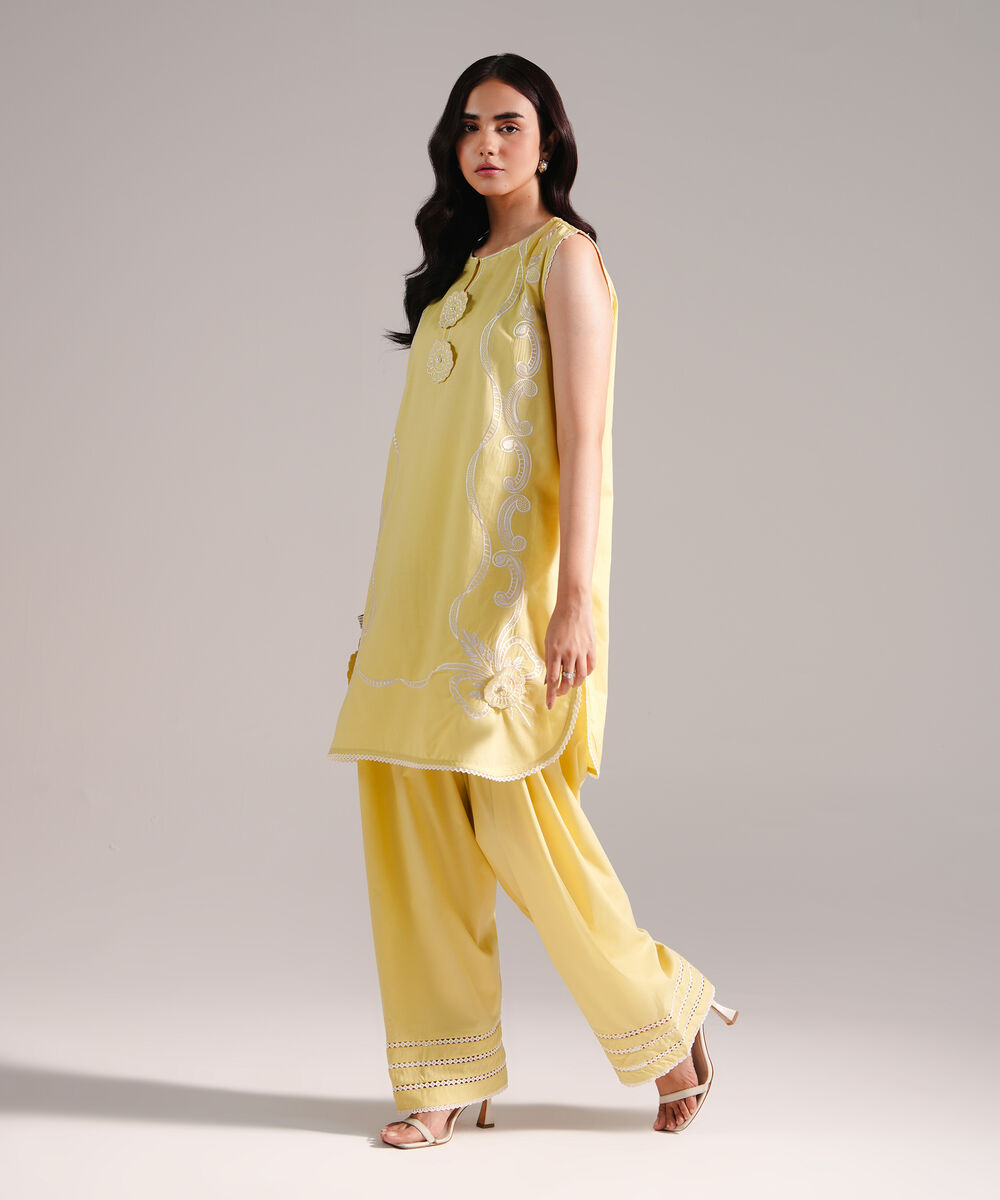 Women's RTW Slub Lawn Embroidered Lime Yellow Straight Shirt