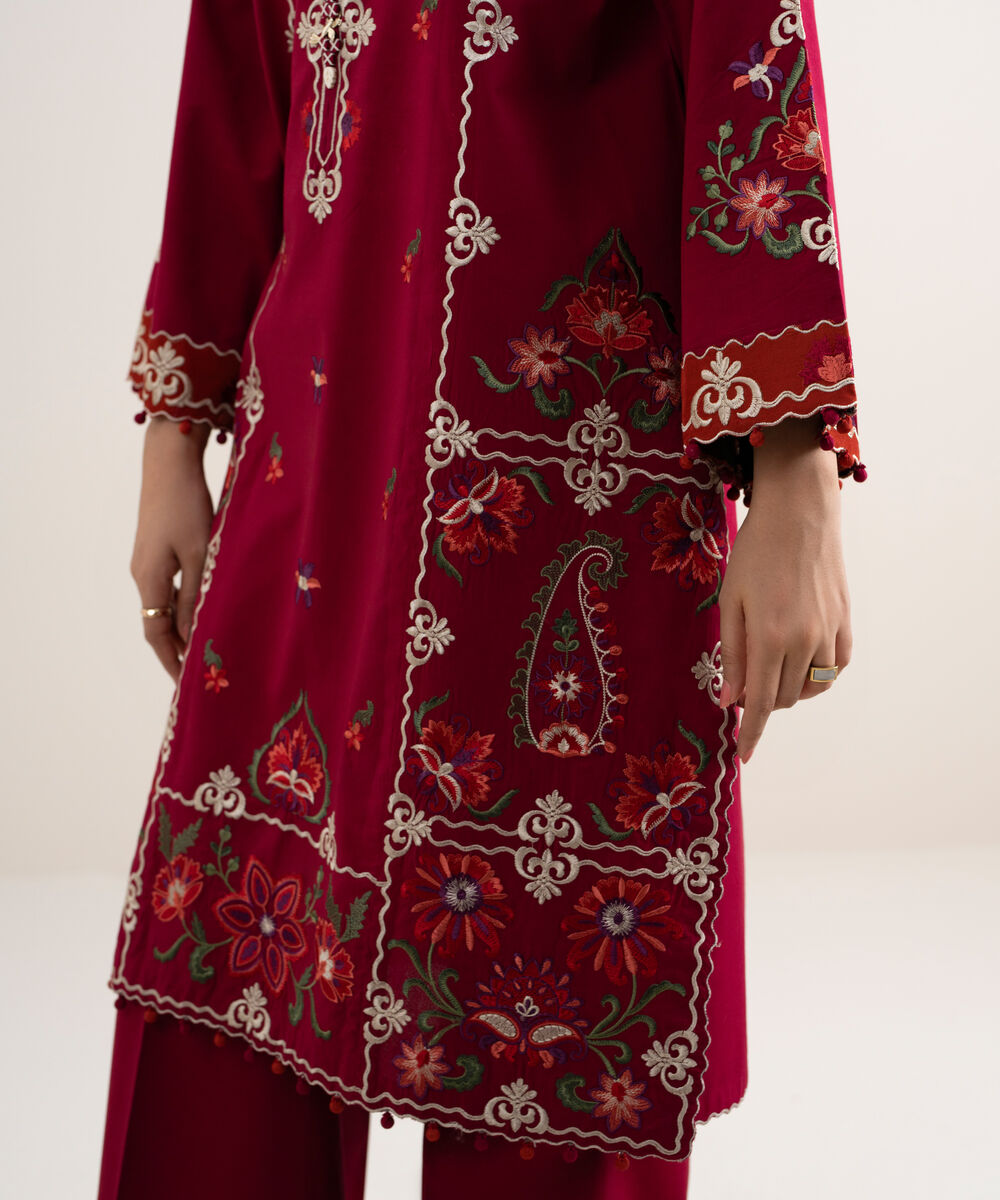 Women's Unstitched Dobby Embroidered Red 3 Piece Suit