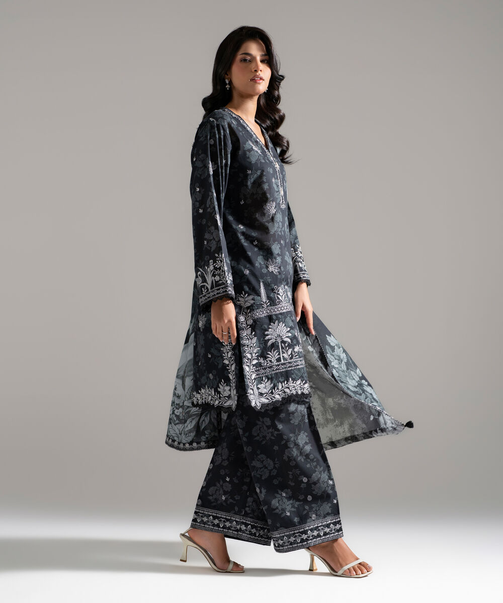 Women's RTW Lawn Embroidered Black 3 Piece Suit