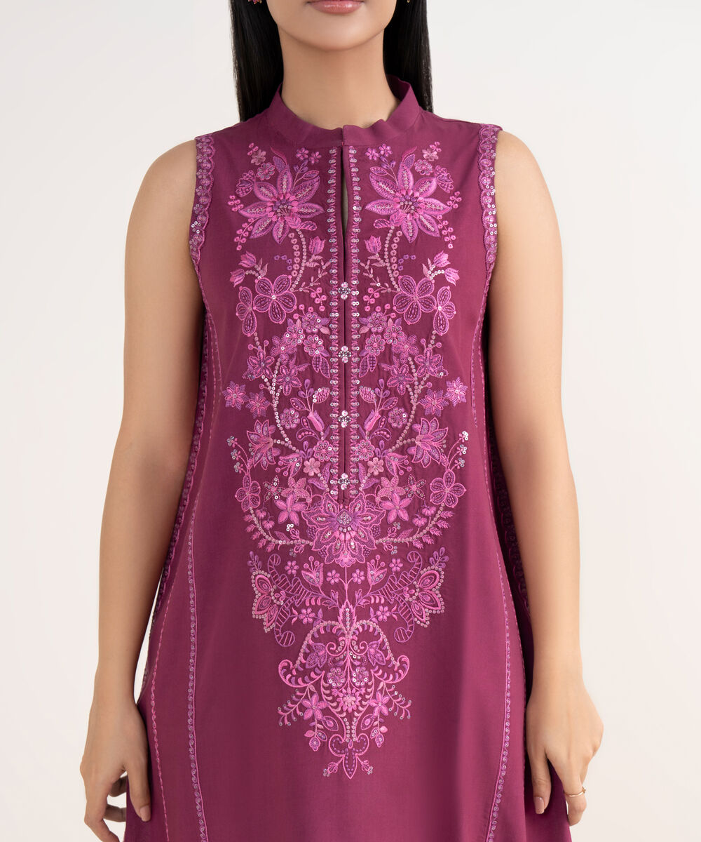 Women's Unstitched Linen Embroidered Pink 3 Piece Suit