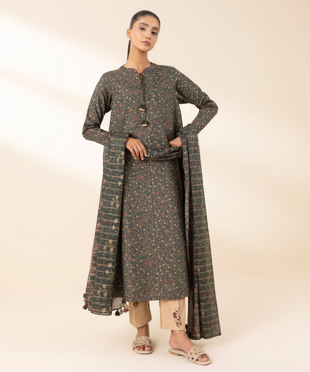 Unstitched Women's Green Lawn Printed 3 Piece Suit