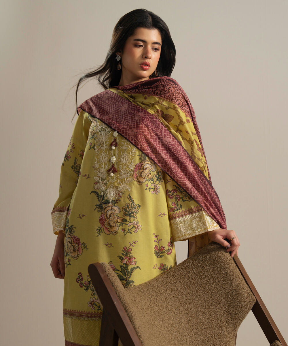 Women's RTW Zari Lawn Embroidered Yellow 3 Piece Suit