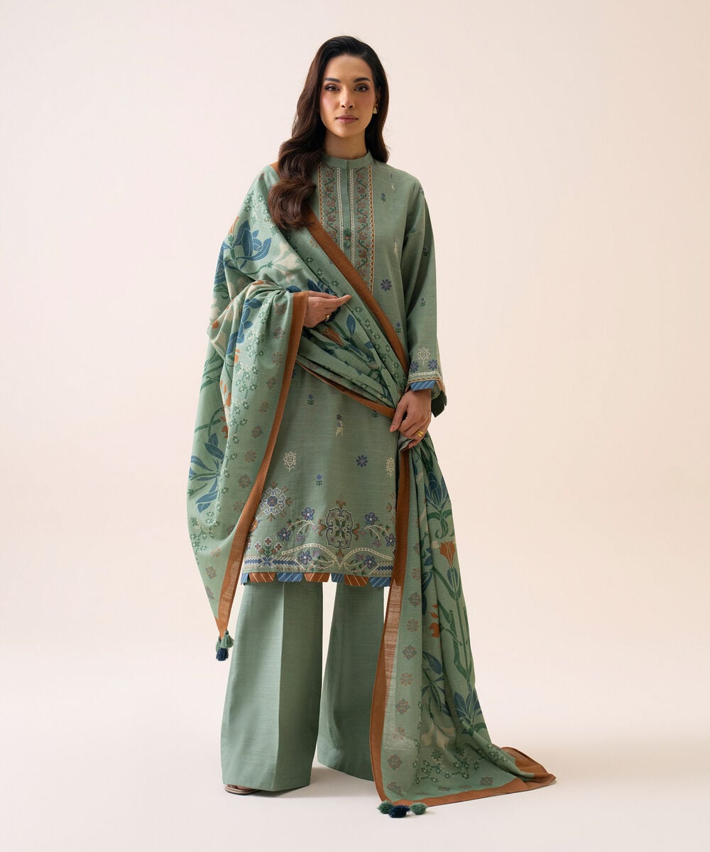 Women's Unstitched Light Khaddar Embroidered Mint Green 3 Piece Suit