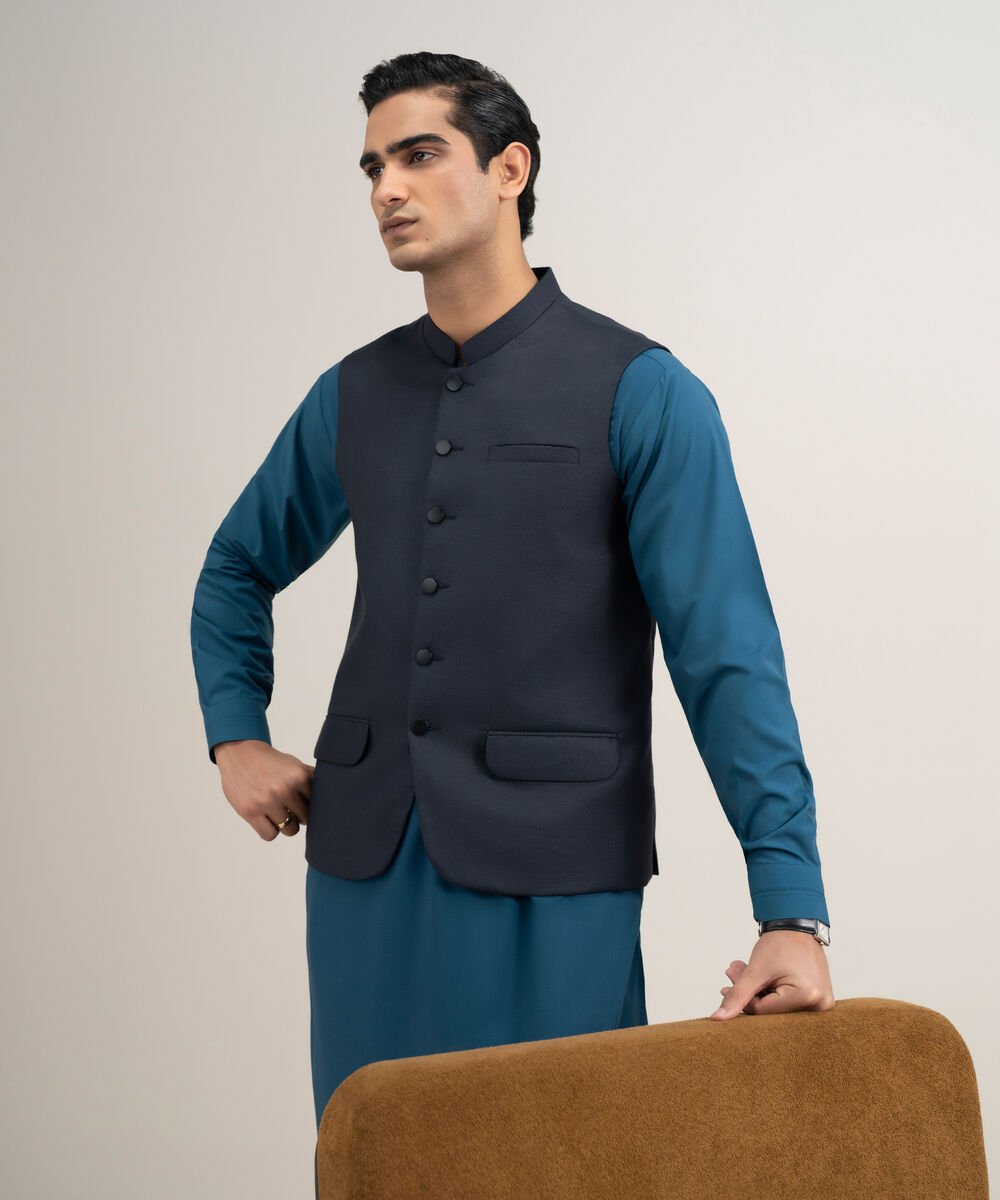 Men's Stitched Tropical Suiting Blue Waistcoat