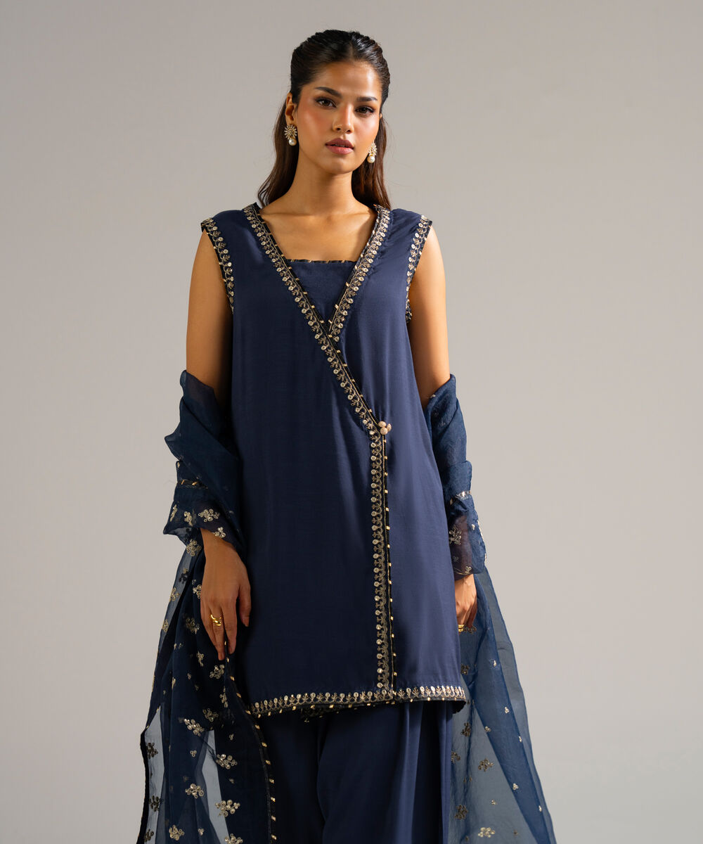 Women's RTW Raw Silk Embroidered Black 3 Piece Suit