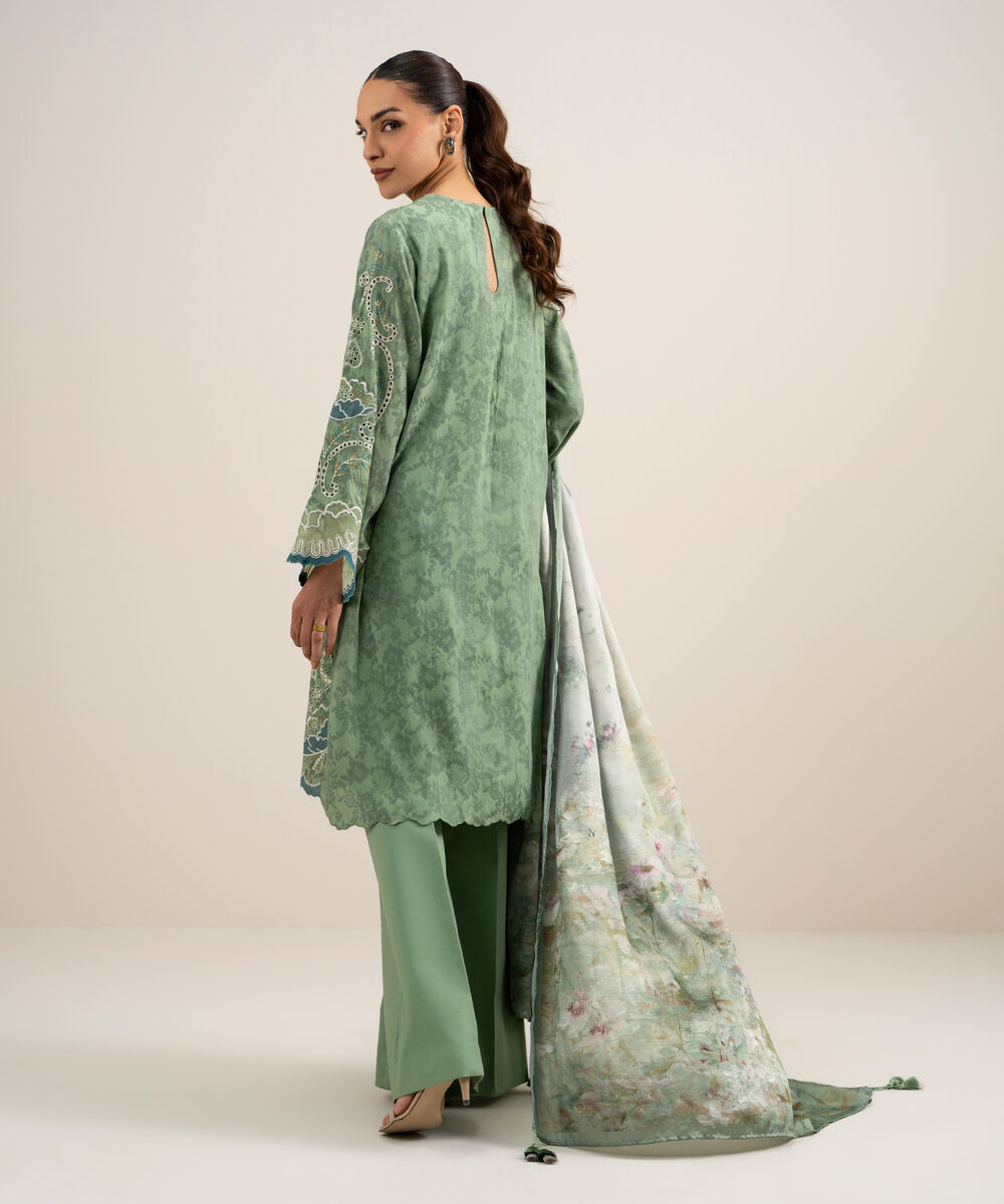 Women's Unstitched Self Jacquard Embroidered Green 3 Piece Suit