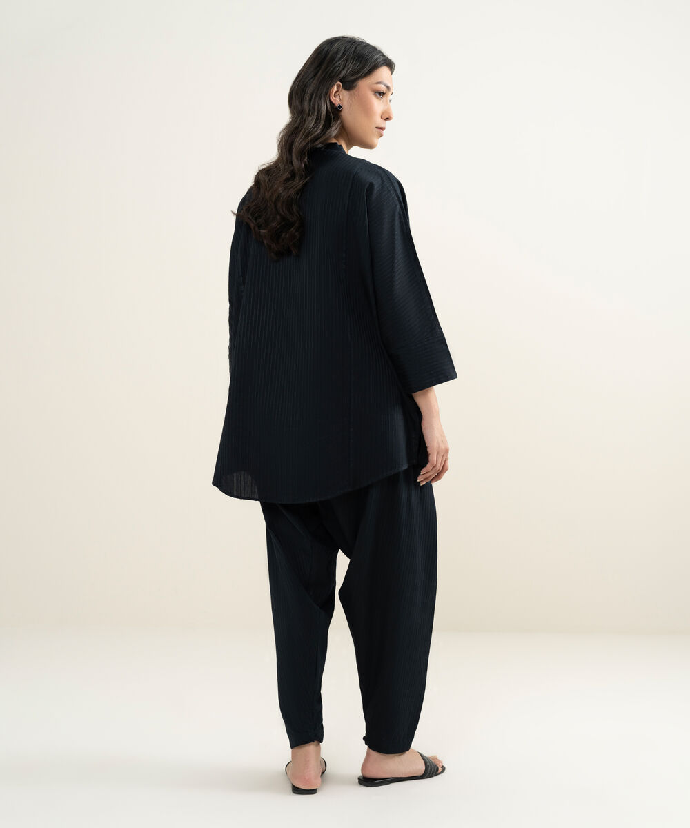 Women's RTW Dobby Solid Black Drop Shoulder Shirt