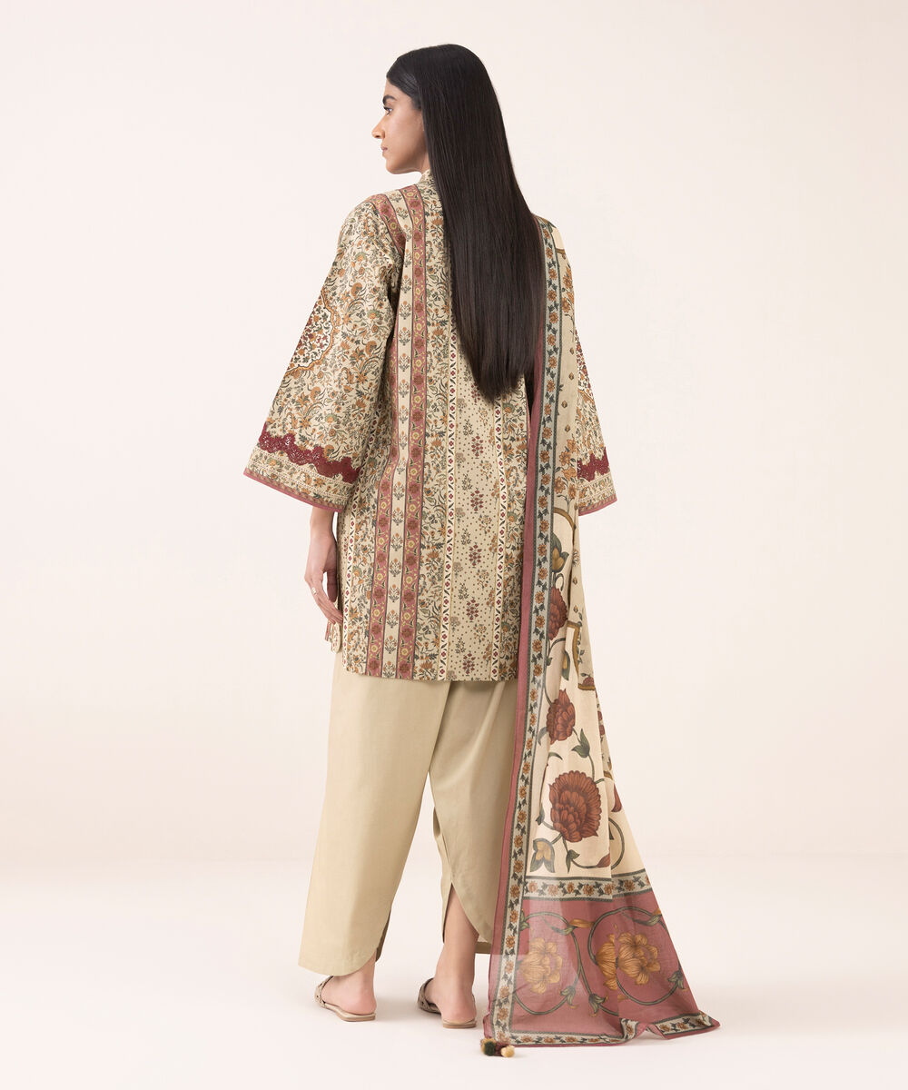 Women's Unstitched Cotton Printed Beige 3 Piece Suit