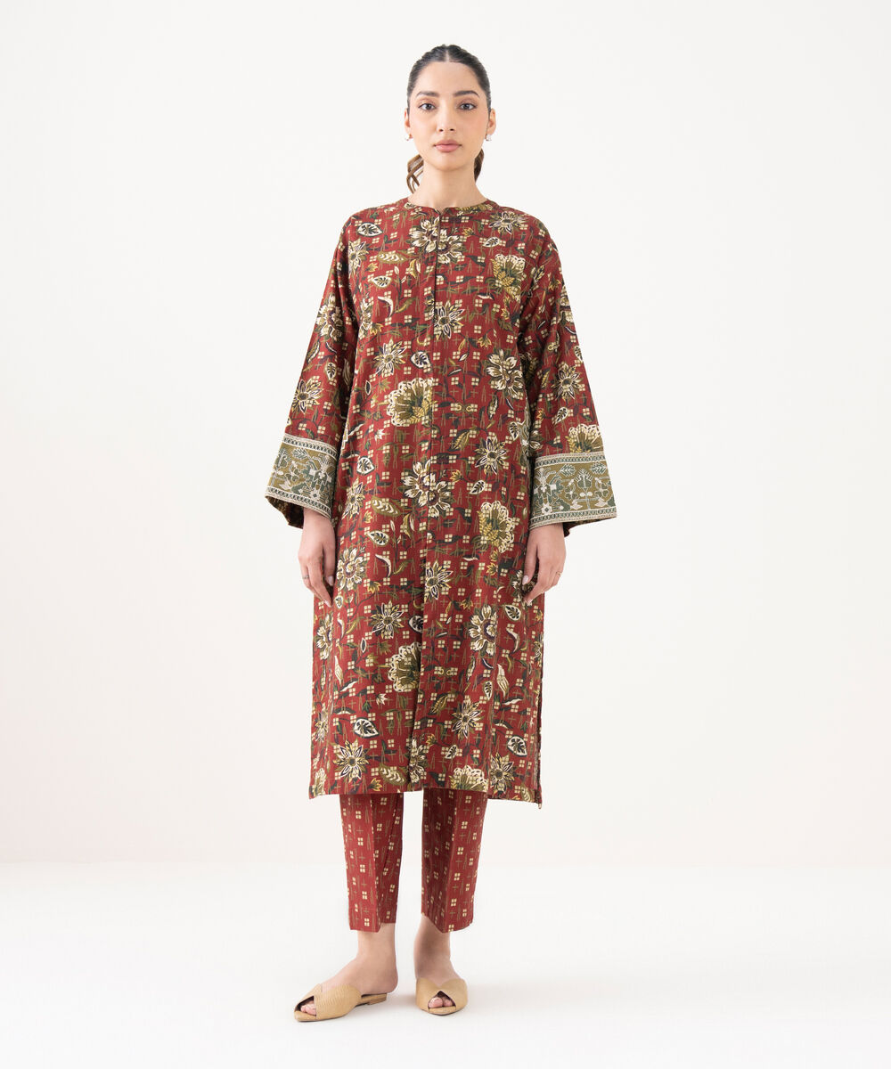 Women's RTW Light Khaddar Embroidered Maroon A-Line Shirt