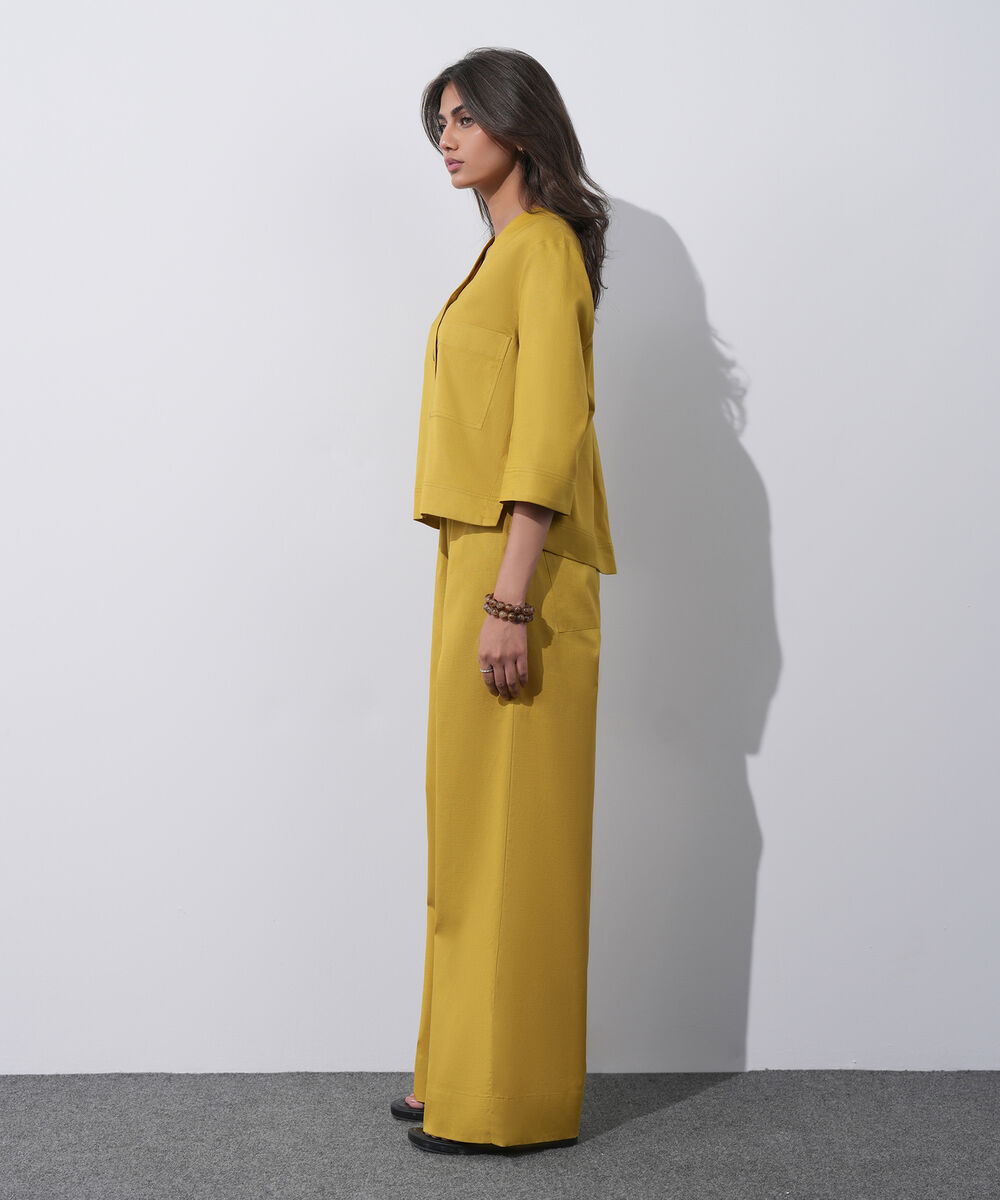 Women's Western Wear Mustard V-Neck Linen Blend Shirt