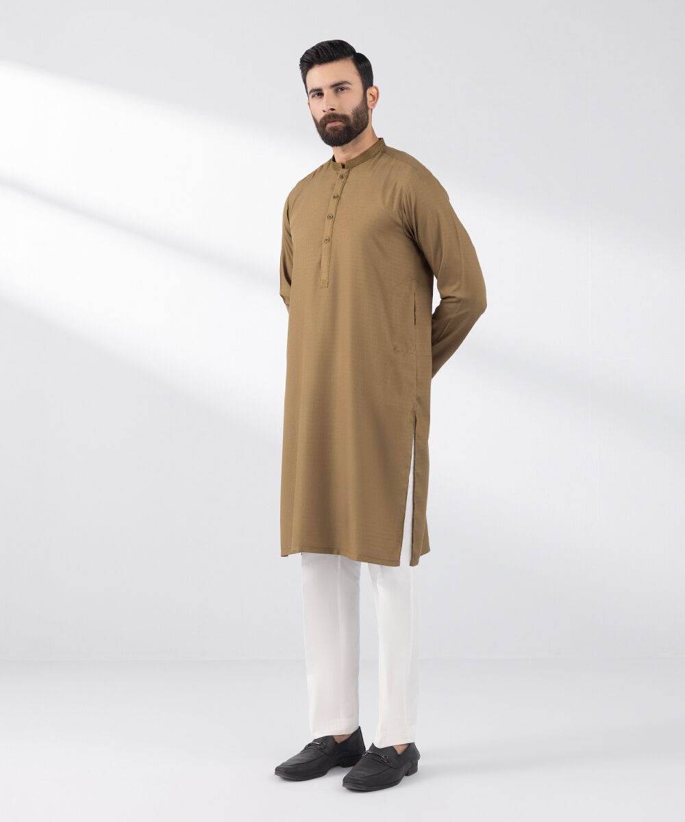Men's Stitched Kurta Brown Embroidered Jacquard Kurta