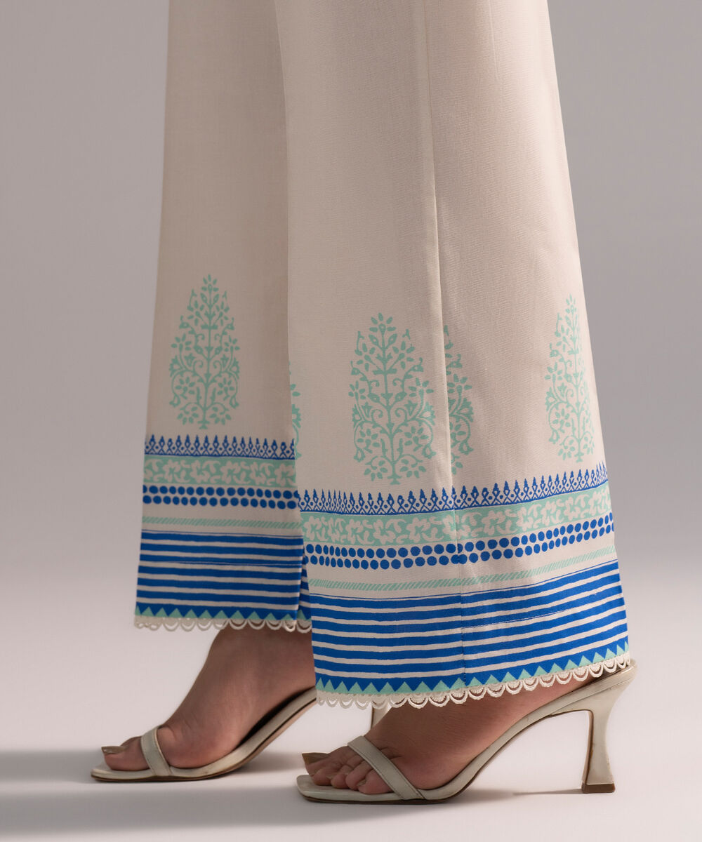 Women's RTW Cambric Printed Off White Straight Pants