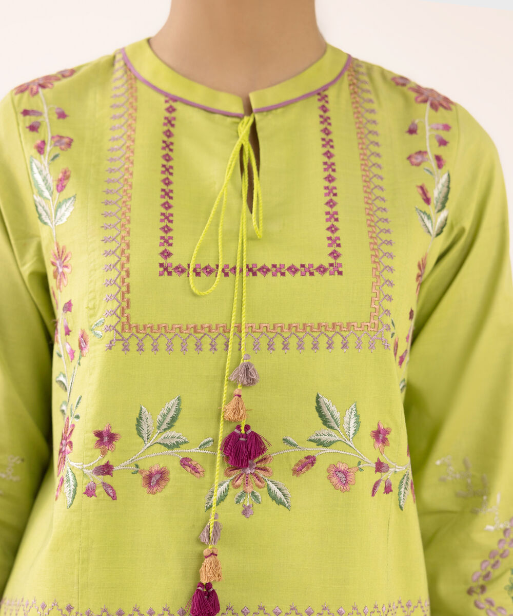 Women's Unstitched Cotton Embroidered Green Two Piece Suit