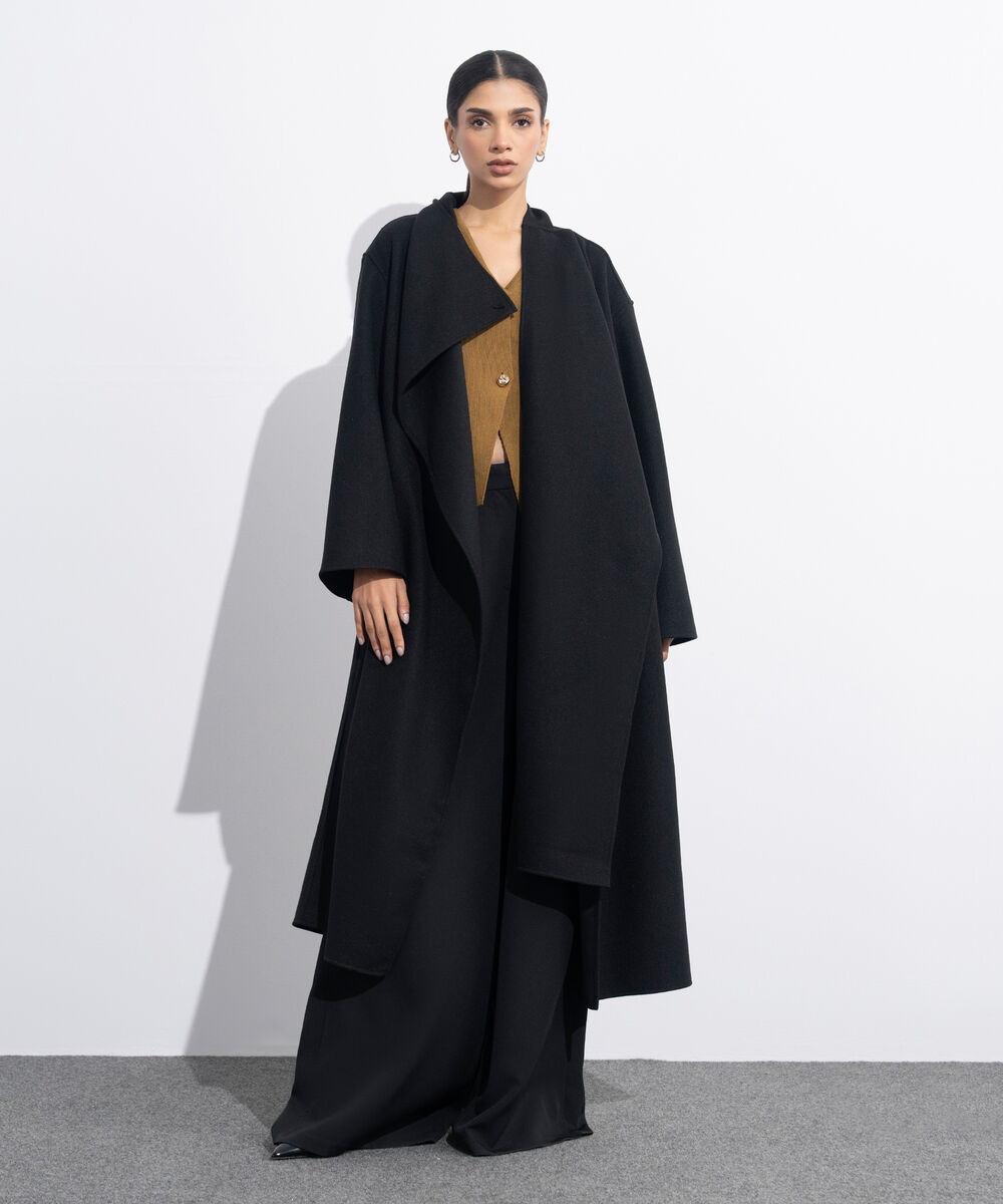 Women's Western Wear Black Long Coat With Scarf