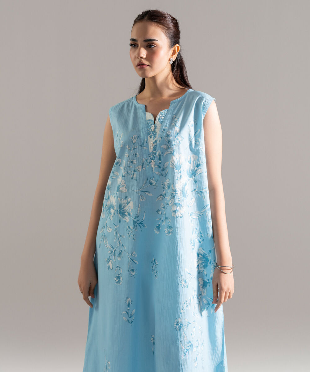 Women's RTW Seersucker Printed Blue Straight Shirt
