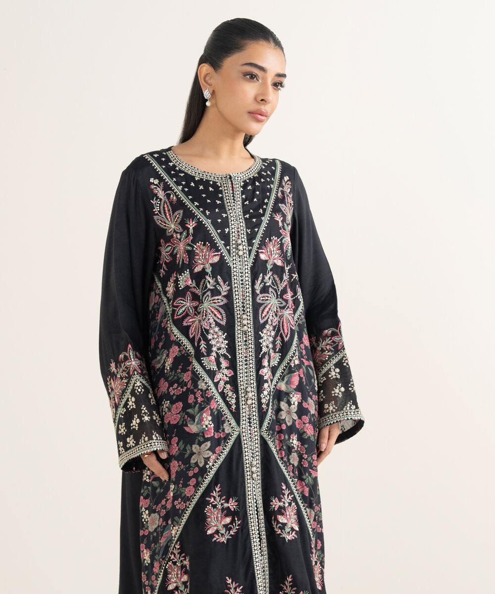 Women's RTW Viscose Raw Silk Embroidered Black 2 Piece Suit