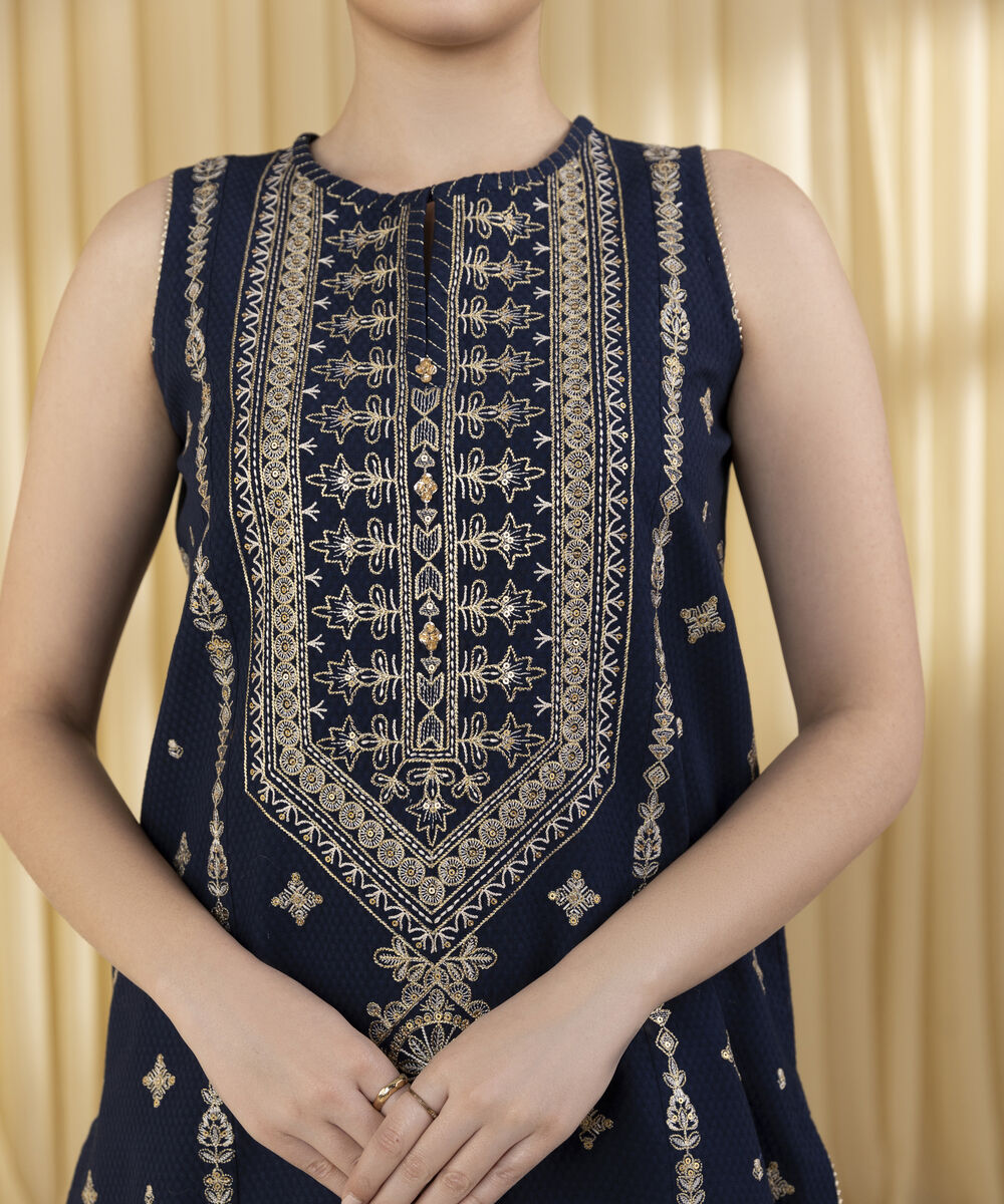 Unstitched Women's Blue Dobby 3 Piece Suit