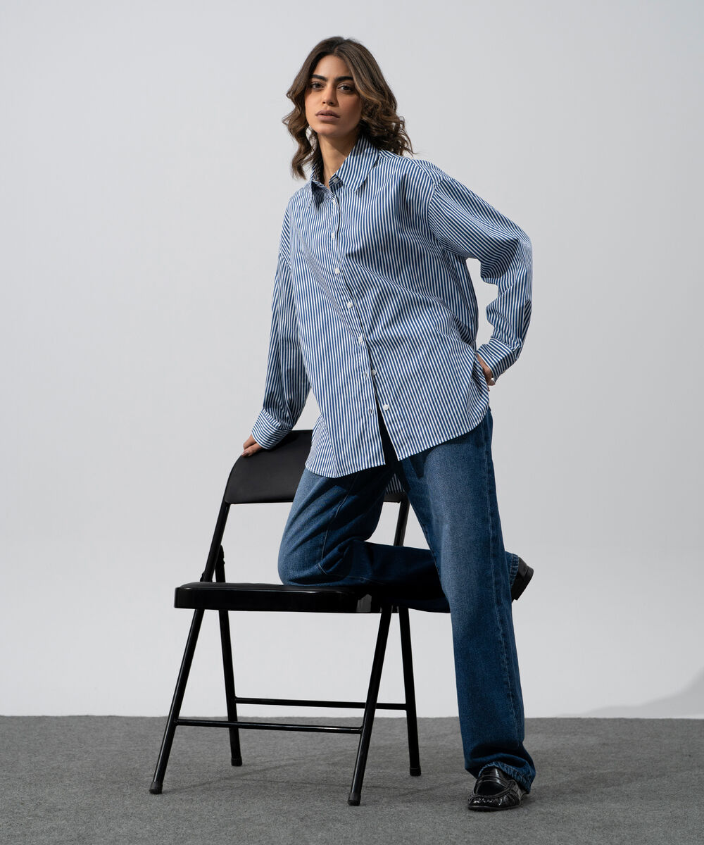 Women's Western Wear Blue And White Cotton Striped Button-Up Shirt
