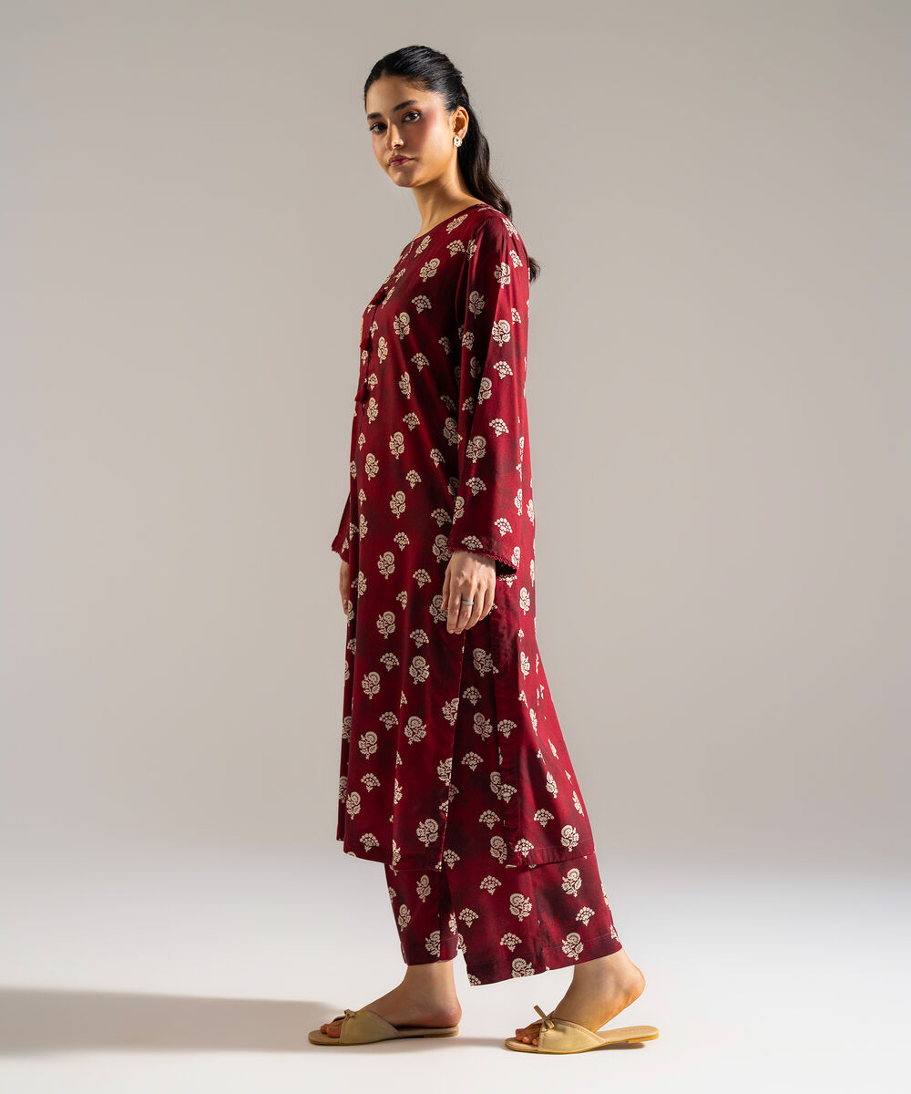 Women's RTW Arabic Lawn Printed Red 2 Piece Suit