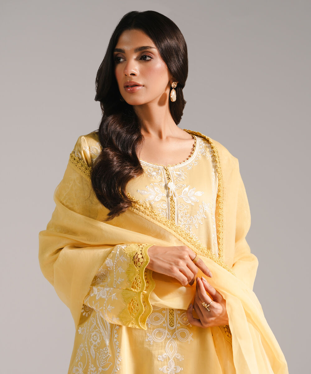 Women's RTW Cotton Satin Embroidered Pale Yellow 3 Piece Suit