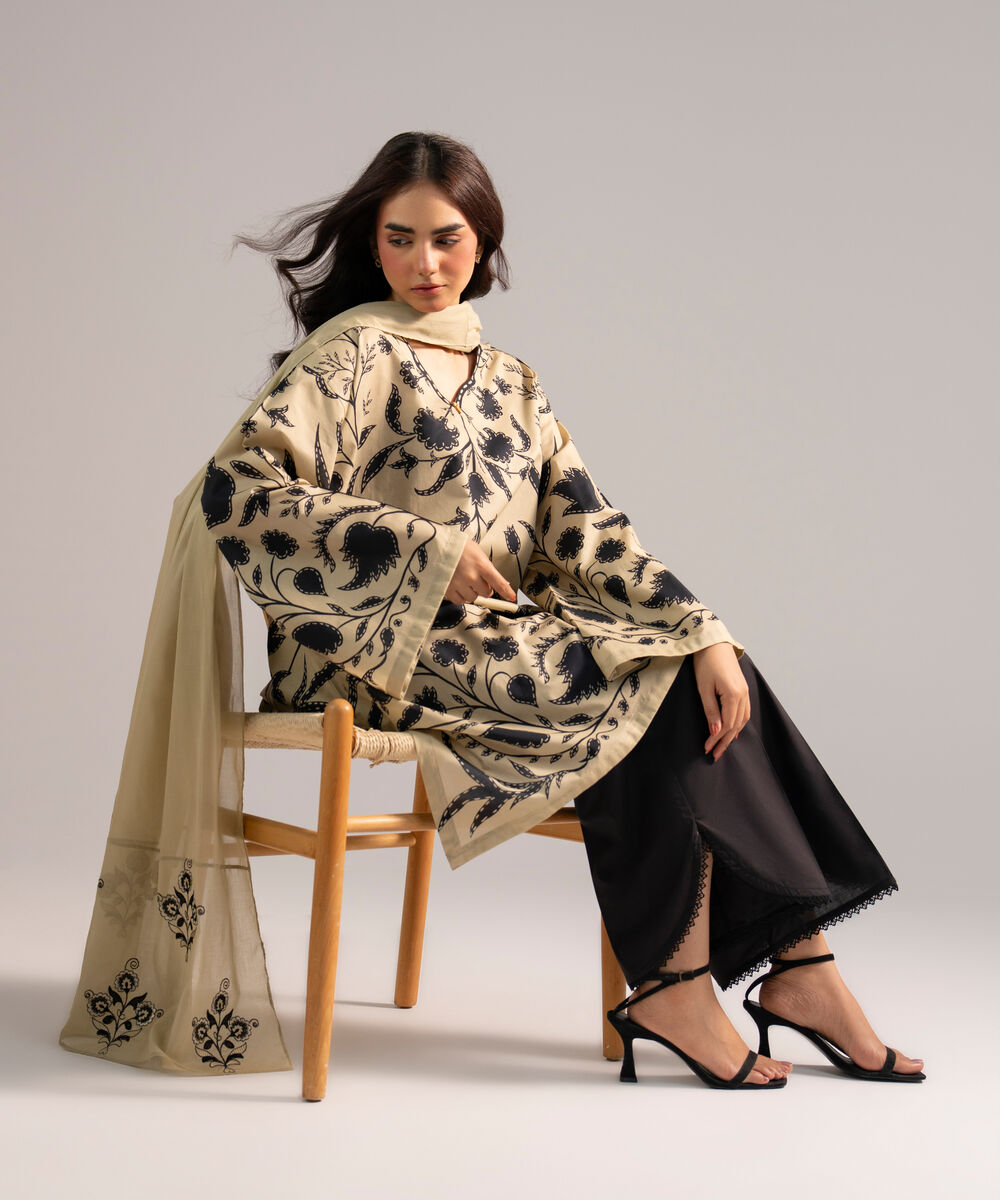 Women's RTW Lawn Printed Beige 3 Piece Suit
