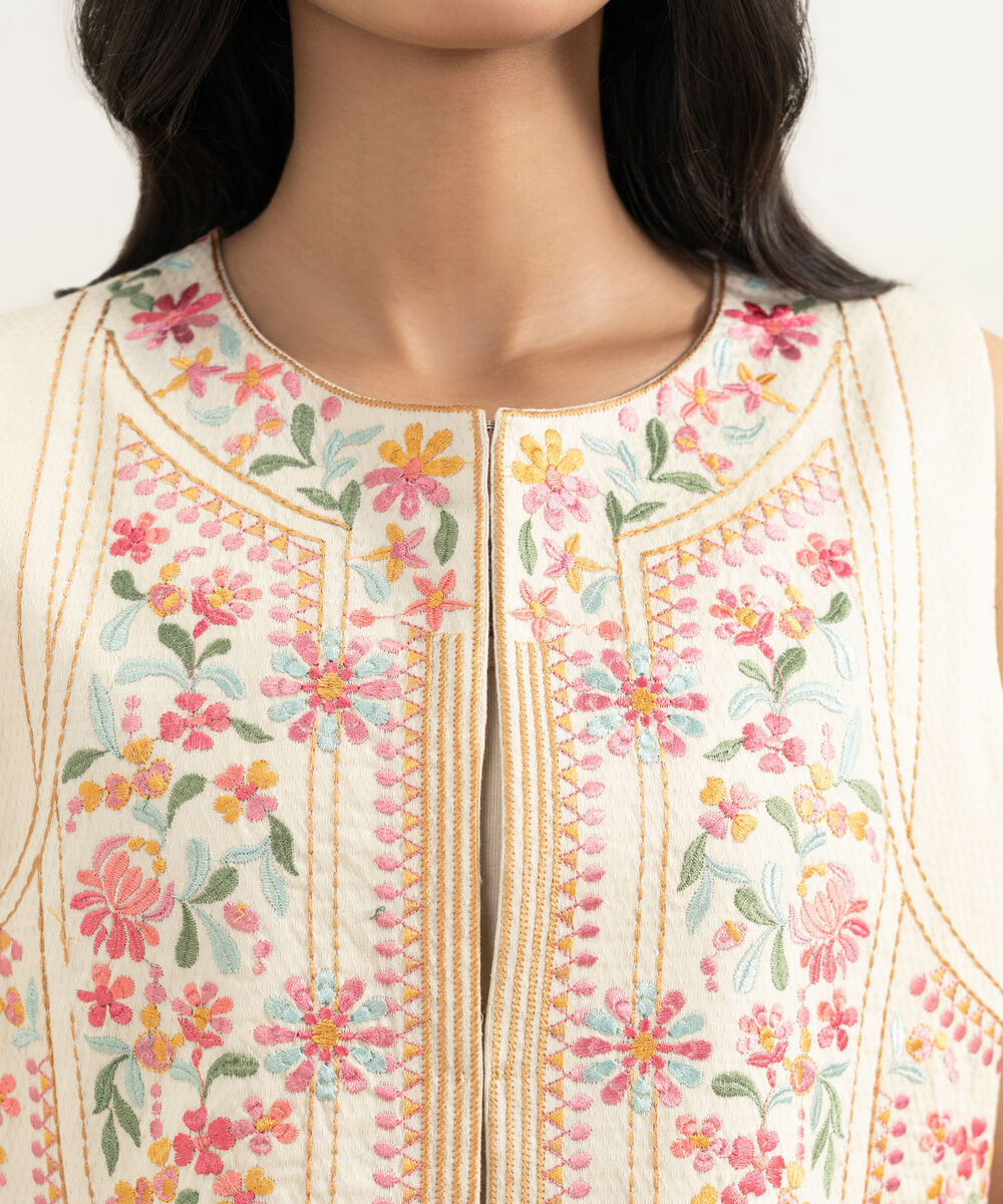 Women's RTW Dobby Embroidered Off White Waistcoat