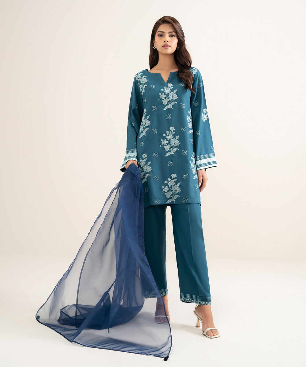 Women's RTW Cotton Viscose Embroidered Blue Straight Shirt